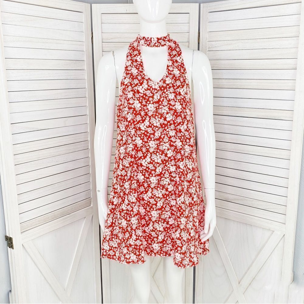 Lulus Lean Close Floral Mini Dress Red White XS Halter Neck Swing Sleeveless New